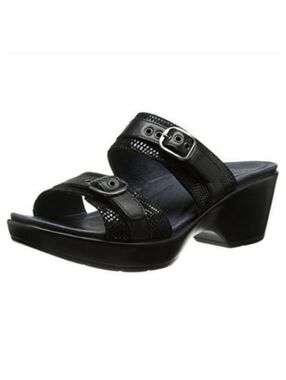 Dansko Jessie Black Lizard‎ Leather 2 Strap Strappy Buckle Heeled Sandals 38